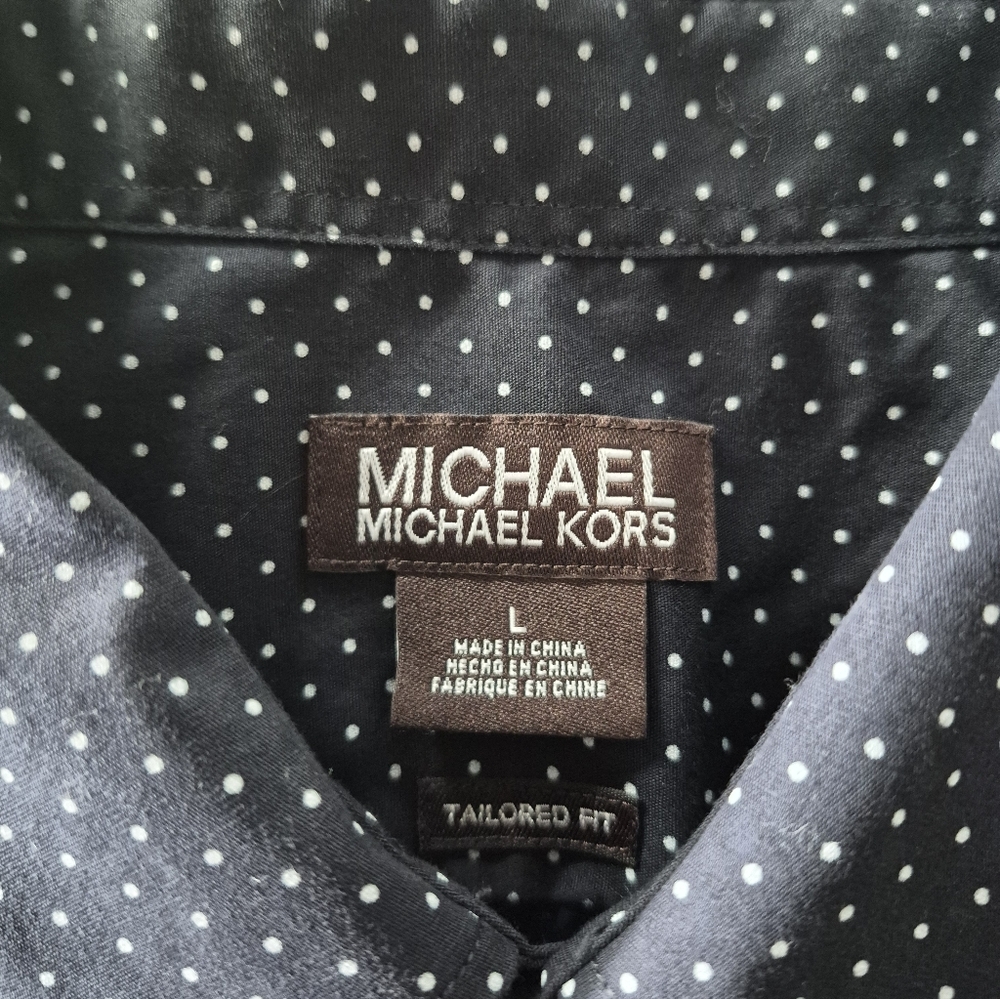 Michael Kors Mens Dress Shirt Sz L Long Sleeve Polka Dot Black Tailored Fit - Picture 3 of 11